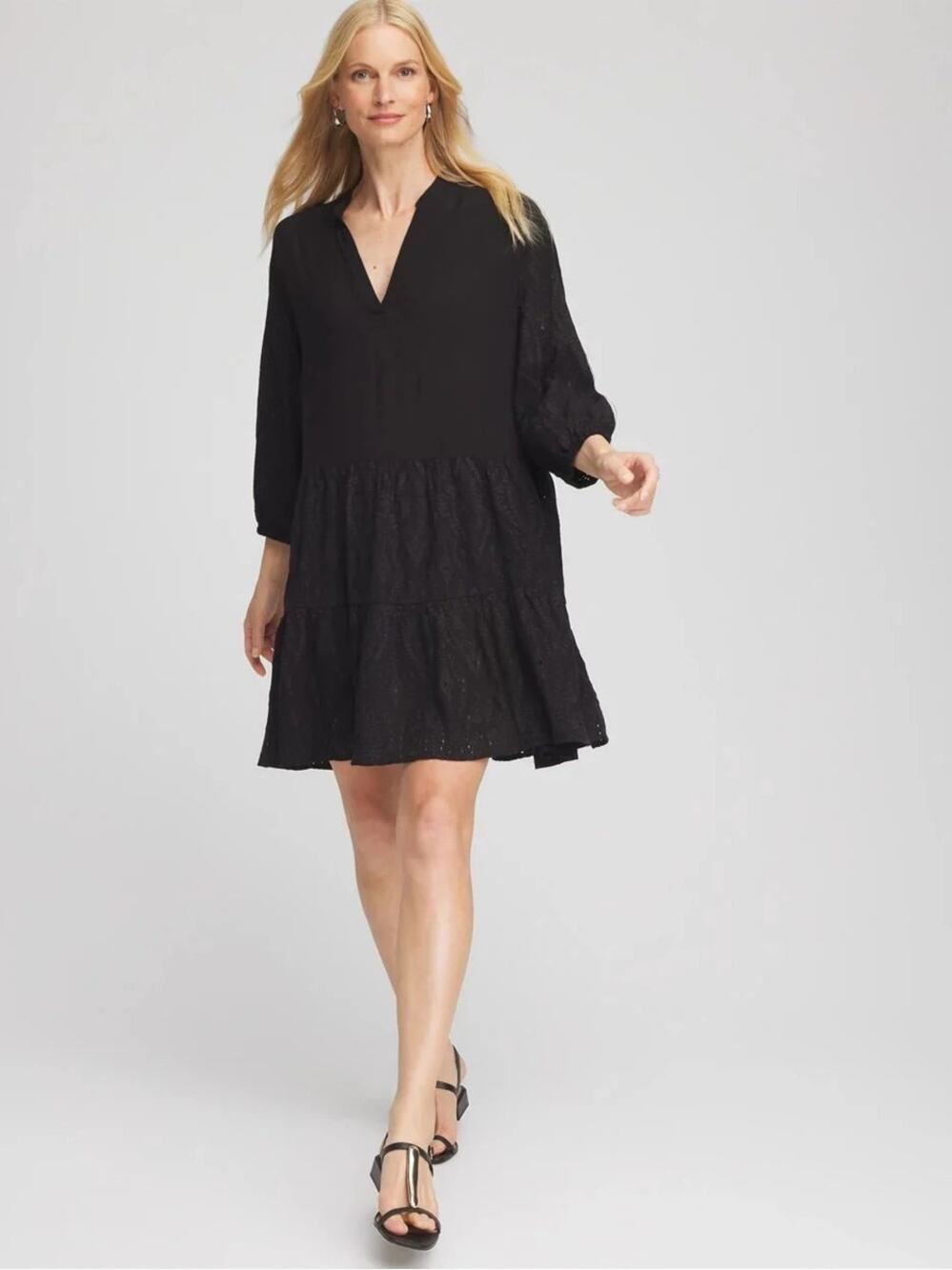 Chico’s Embroidered Eyelet Coverup Tiered Dress Black S